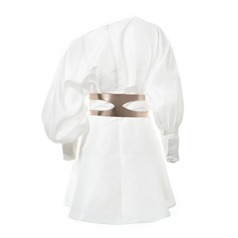 Off Shoulder V Neck Party Lantern Sleeve High Waist Asymmetrical Mini Dress
